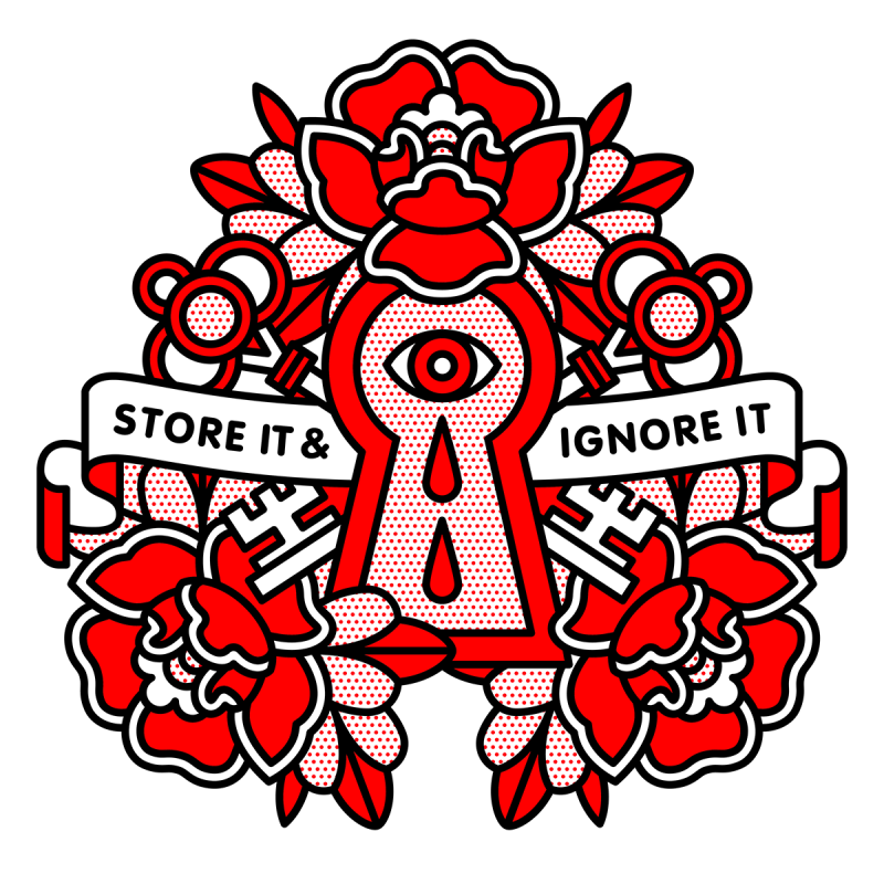 Illustration of a key hole with an eye with tears falling inside. Keys and flowers surround the keyhole with banners that read: Store it & ignore it. Drawn in the monoline style of Red Halftone in a red, black and white color palette.