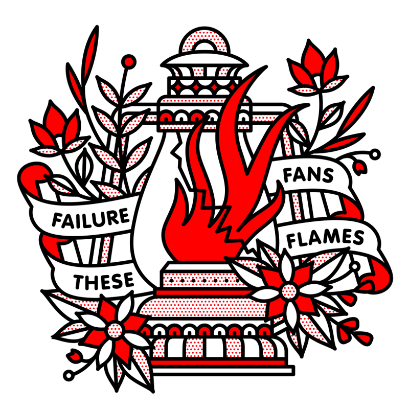 Illustration of a broken oil lamp with flames spilling out. Floral and banner surround the lamp that read: Failure fans these flames. Drawn in the monoline style of Red Halftone in a red, black and white color palette.