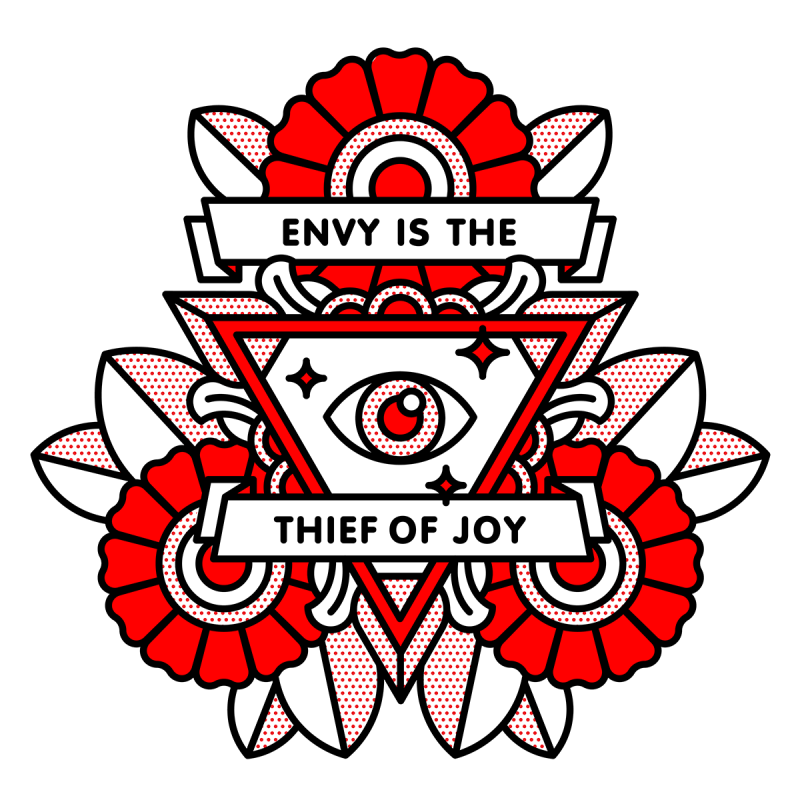 Illustration of an eye in an ornate triangular shape with flowers surrounding all three sides. Banners are overlaid that read: Envy is the thief of joy. Drawn in the monoline style of Red Halftone in a red, black and white color palette.