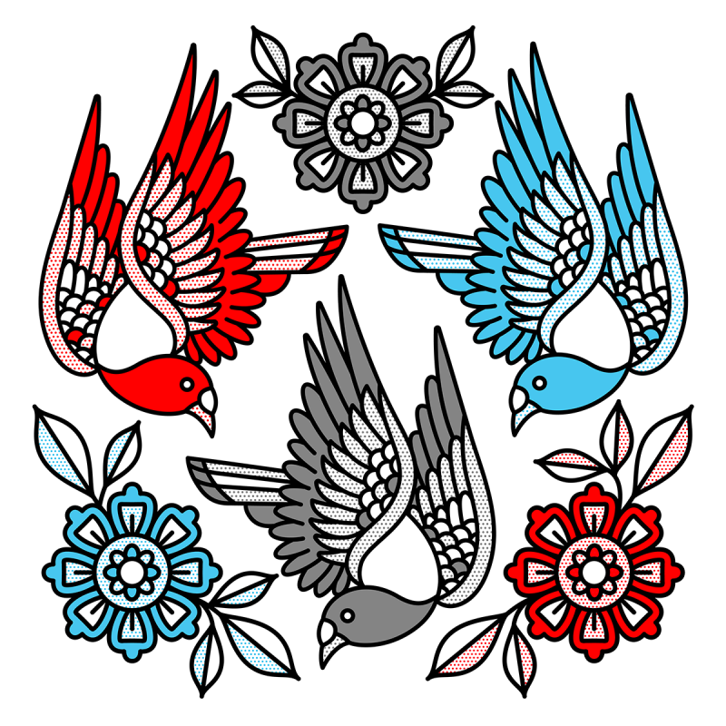 Illustration of three pigeons flying downwards in a triangular formation. Three flowers fill the negative space. Drawn in the monoline style of Red Halftone in a red, cyan, grey, black and white color palette.
