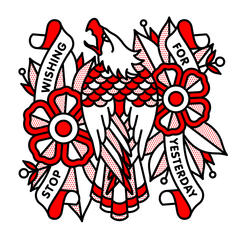 Illustration of a perched eagle with it’s back turned. Floral elements wrap banners vertically on each side that read: Stop wishing for yesterday. Drawn in the monoline style of Red Halftone in a red, black and white color palette.