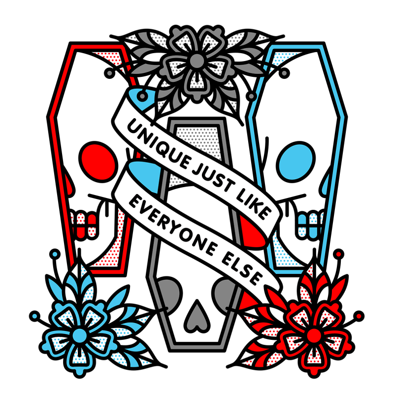 Illustration of 3 coffins with various parts of skulls cropped inside each. Three flowers alternate above and below each coffin. Banner wrap around the center coffin that read: Unique just like everyone else. Drawn in the monoline style of Red Halftone in a red, cyan, grey, black and white color palette.