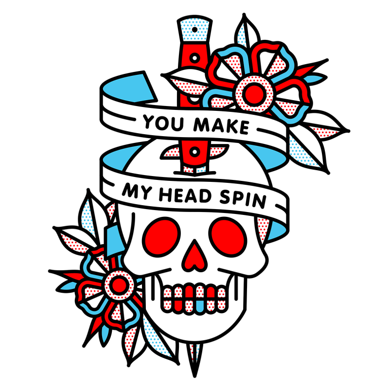 Illustration of a skull with a switchblade through it surrounded by flowers. Banner swirl around the switchblade that read: You make my head spin. Drawn in the monoline style of Red Halftone in a red, cyan, black and white color palette.