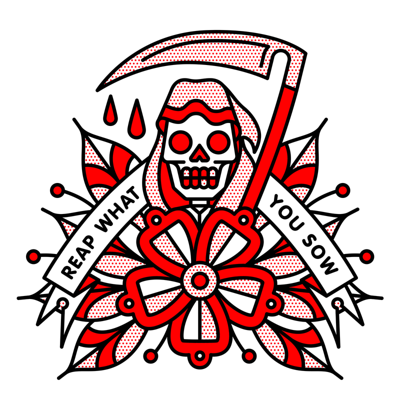 Illustration of the grim reaper with a scythe positioned behind a large flower with a banner that reads: Reap what you sow. Drawn in the monoline style of Red Halftone in a red, black and white color palette.