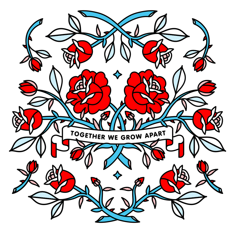 A symmetrical illustration of rose branches in bloom wrapped together but growing apart from one another. A banner in the center reads: Together we grow apart. Drawn in the monoline style of Red Halftone in a red, cyan, black and white color palette.