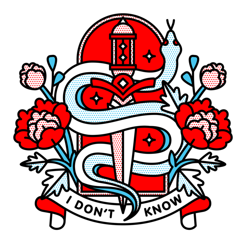 Illustration of a snake wrapped around a dagger, framed by an arched window. Flowers and foliage surround it. A banner below says: I don’t know. Drawn in the monoline style of Red Halftone in a red, cyan, black and white color palette.
