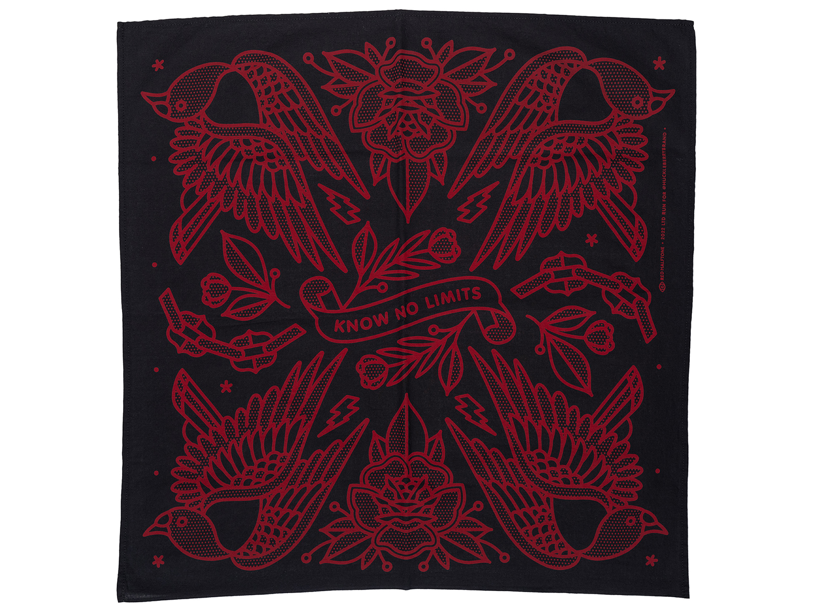 Flattened bandana showing the red on black colorway