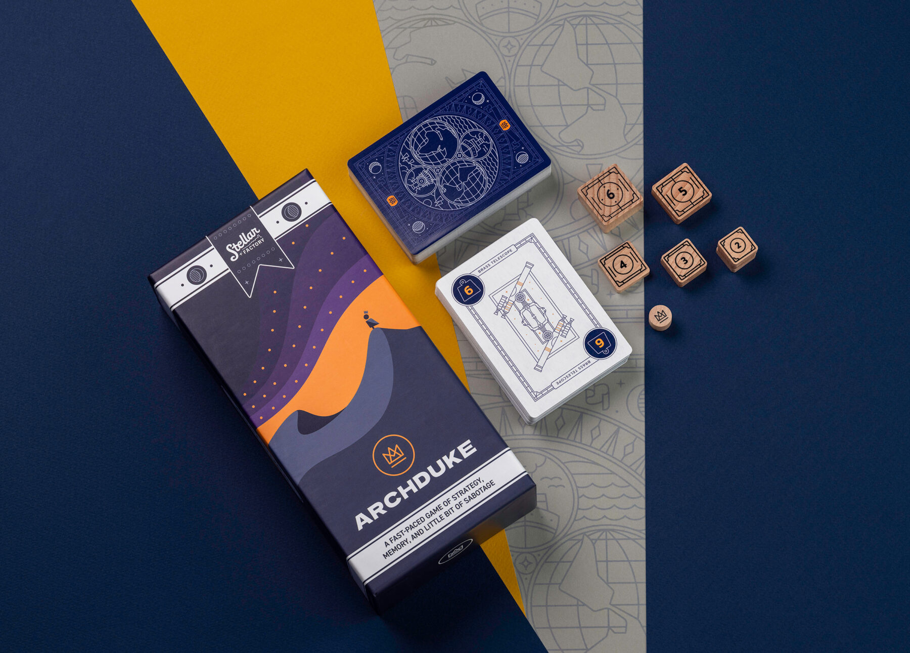 The outer box packaging of Archduke along with cards and wooden tokens